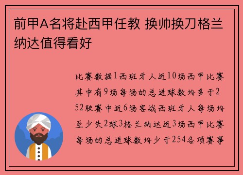 前甲A名将赴西甲任教 换帅换刀格兰纳达值得看好