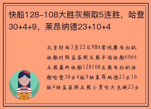 快船128-108大胜灰熊取5连胜，哈登30+4+9，莱昂纳德23+10+4