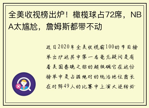 全美收视榜出炉！橄榄球占72席，NBA太尴尬，詹姆斯都带不动