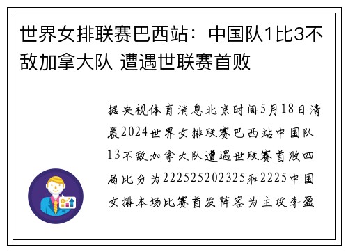 世界女排联赛巴西站：中国队1比3不敌加拿大队 遭遇世联赛首败
