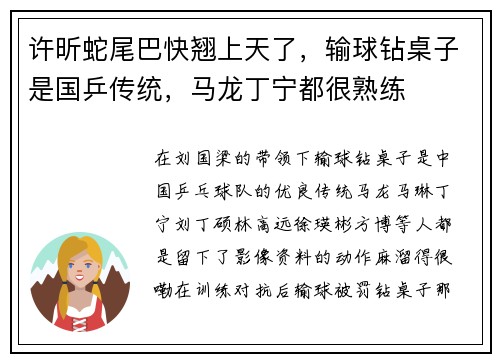 许昕蛇尾巴快翘上天了，输球钻桌子是国乒传统，马龙丁宁都很熟练